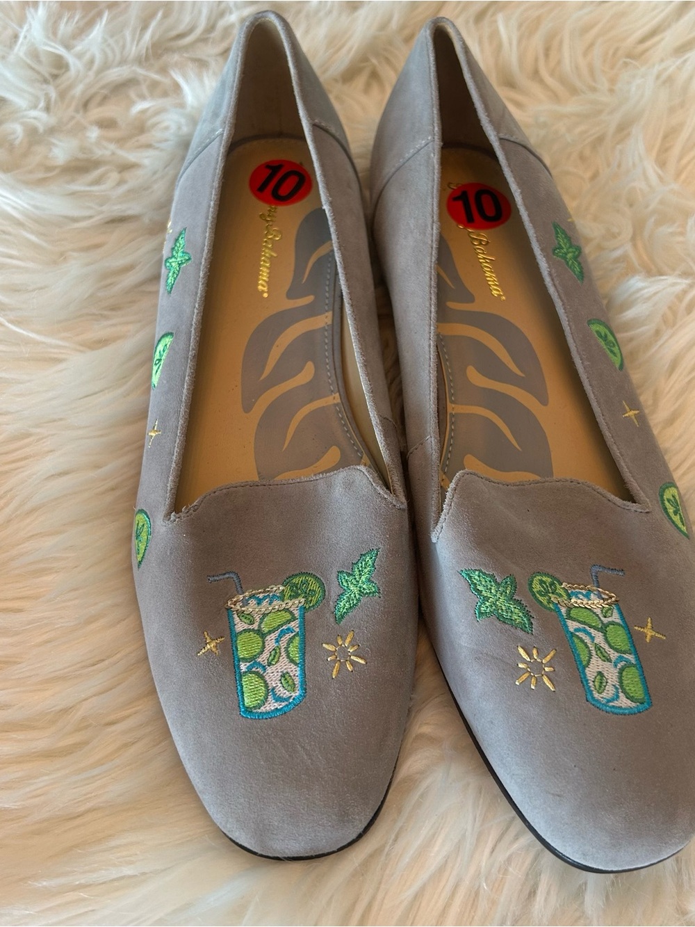 Tommy Bahama Gray Suede Loafers with Green Embroidered Drink Motif